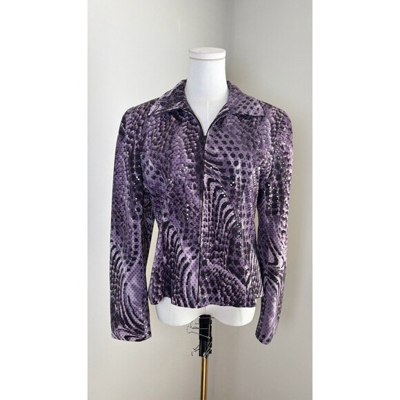 Mesmerize KamiKam Jackets & Blazers - Vintage Y2K Mesmerize KamiKam Jacket M Purple Animal Print Sequin Zip Up Sparkle